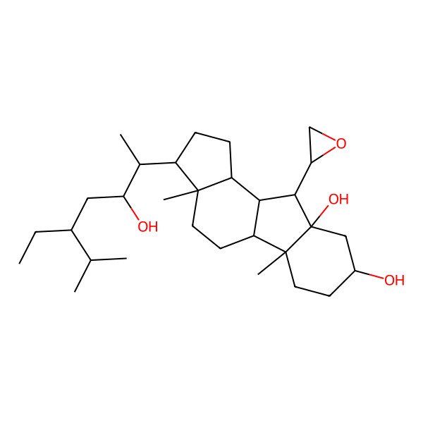 2D Structure of (3R,3aS,5aS,5bR,8S,9aR,10S,10aS,10bS)-3-[(2S,3R,5R)-5-ethyl-3-hydroxy-6-methylheptan-2-yl]-3a,5b-dimethyl-10-(oxiran-2-yl)-2,3,4,5,5a,6,7,8,9,10,10a,10b-dodecahydro-1H-cyclopenta[a]fluorene-8,9a-diol
