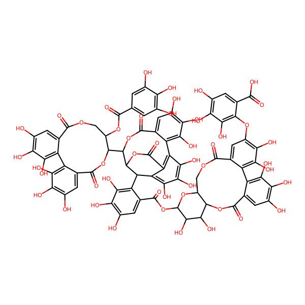 2D Structure of 2-[[(10S,11R,12R,13S,15R)-13-[2-[(14R,15S,19S)-14-[(10R,11R)-3,4,5,17,18,19-hexahydroxy-8,14-dioxo-11-(3,4,5-trihydroxybenzoyl)oxy-9,13-dioxatricyclo[13.4.0.02,7]nonadeca-1(19),2,4,6,15,17-hexaen-10-yl]-2,3,4,7,8,9-hexahydroxy-12,17-dioxo-13,16-dioxatetracyclo[13.3.1.05,18.06,11]nonadeca-1,3,5(18),6,8,10-hexaen-19-yl]-3,4,5-trihydroxybenzoyl]oxy-3,4,5,11,12,22,23-heptahydroxy-8,18-dioxo-9,14,17-trioxatetracyclo[17.4.0.02,7.010,15]tricosa-1(23),2,4,6,19,21-hexaen-21-yl]oxy]-3,4,5-trihydroxybenzoic acid
