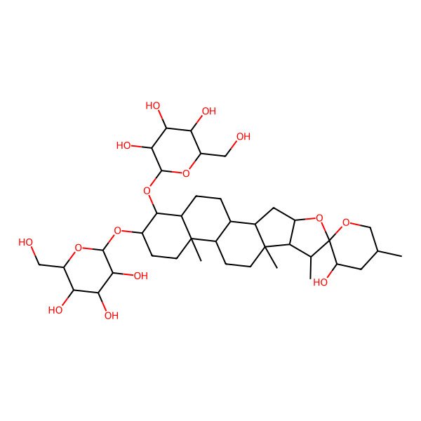 2D Structure of 2-(Hydroxymethyl)-6-[3'-hydroxy-5',7,9,13-tetramethyl-17-[3,4,5-trihydroxy-6-(hydroxymethyl)oxan-2-yl]oxyspiro[5-oxapentacyclo[10.8.0.02,9.04,8.013,18]icosane-6,2'-oxane]-16-yl]oxyoxane-3,4,5-triol