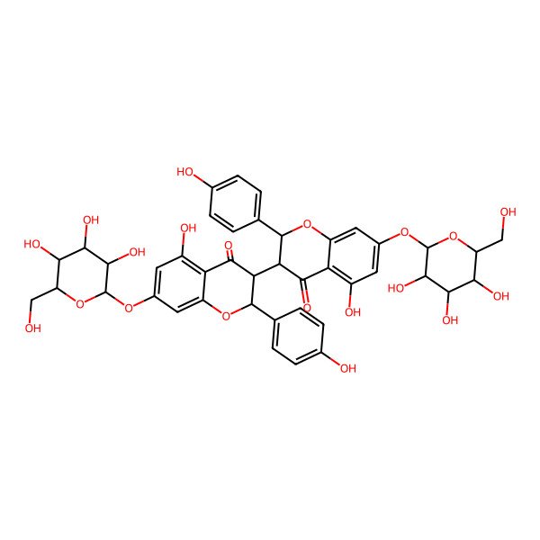 2D Structure of (2S,3R)-5-hydroxy-3-((2S,3R)-5-hydroxy-2-(4-hydroxyphenyl)-4-oxo-7-((2S,3R,4S,5S,6R)-3,4,5-trihydroxy-6-(hydroxymethyl)oxan-2-yl)oxy-2,3-dihydrochromen-3-yl)-2-(4-hydroxyphenyl)-7-((2S,3R,4S,5S,6R)-3,4,5-trihydroxy-6-(hydroxymethyl)oxan-2-yl)oxy-2,3-dihydrochromen-4-one