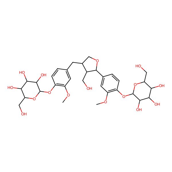 2D Structure of (2R,3S,4S,5R,6S)-2-(hydroxymethyl)-6-[4-[[(3S,4S,5R)-4-(hydroxymethyl)-5-[3-methoxy-4-[(2S,3R,4S,5S,6R)-3,4,5-trihydroxy-6-(hydroxymethyl)oxan-2-yl]oxyphenyl]oxolan-3-yl]methyl]-2-methoxyphenoxy]oxane-3,4,5-triol