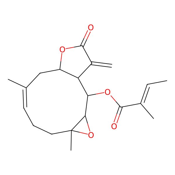 2D Structure of [(1R,2S,3R,5S,8E,11S)-5,9-dimethyl-14-methylidene-13-oxo-4,12-dioxatricyclo[9.3.0.03,5]tetradec-8-en-2-yl] (Z)-2-methylbut-2-enoate