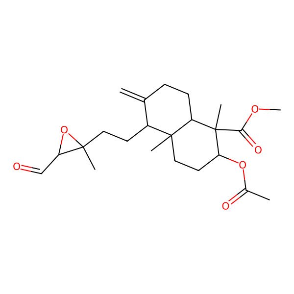 2D Structure of methyl (1R,2R,4aR,5S,8aR)-2-acetyloxy-5-[2-[(2R,3S)-3-formyl-2-methyloxiran-2-yl]ethyl]-1,4a-dimethyl-6-methylidene-3,4,5,7,8,8a-hexahydro-2H-naphthalene-1-carboxylate