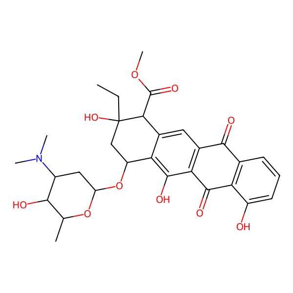 2D Structure of methyl (1R,2R,4S)-4-[(2S,4S,5R,6R)-4-(dimethylamino)-5-hydroxy-6-methyloxan-2-yl]oxy-2-ethyl-2,5,7-trihydroxy-6,11-dioxo-3,4-dihydro-1H-tetracene-1-carboxylate