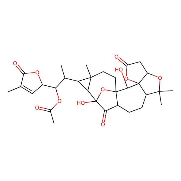 2D Structure of [2-(2,15-dihydroxy-9,9,18-trimethyl-5,14-dioxo-4,8,21-trioxahexacyclo[13.5.1.01,13.03,7.03,10.016,18]henicosan-17-yl)-1-(4-methyl-5-oxo-2H-furan-2-yl)propyl] acetate