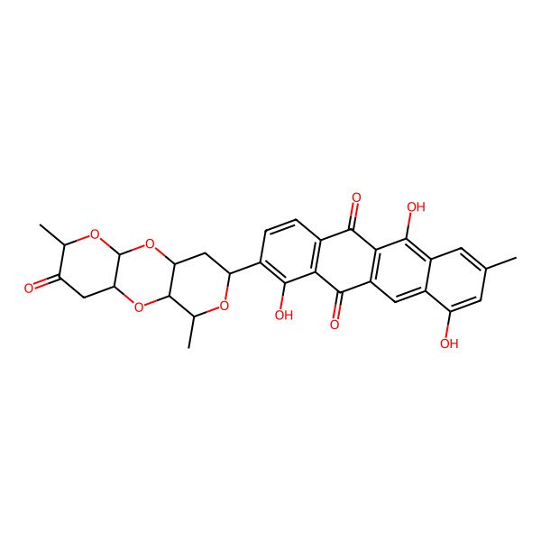 2D Structure of 2-[(1R,5R,10R,11R,13S)-5,11-dimethyl-6-oxo-2,4,9,12-tetraoxatricyclo[8.4.0.03,8]tetradecan-13-yl]-1,6,10-trihydroxy-8-methyltetracene-5,12-dione