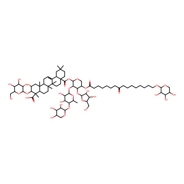 2D Structure of (2S,3R,4S,4aR,6aR,6bS,8aS,12aS,14aR,14bR)-8a-[(2S,3R,4S,5S)-4-[(2S,3R,4R,5S)-3,4-dihydroxy-5-(hydroxymethyl)oxolan-2-yl]oxy-3-[(2S,3R,4S,5R,6S)-3,4-dihydroxy-6-methyl-5-[(2R,3R,4S,5R)-3,4,5-trihydroxyoxan-2-yl]oxyoxan-2-yl]oxy-5-[8-oxo-16-[(2R,3R,4S,5R)-3,4,5-trihydroxyoxan-2-yl]oxyhexadecanoyl]oxyoxan-2-yl]oxycarbonyl-2-hydroxy-4,6a,6b,11,11,14b-hexamethyl-3-[(2R,3R,4S,5S,6R)-3,4,5-trihydroxy-6-(hydroxymethyl)oxan-2-yl]oxy-1,2,3,4a,5,6,7,8,9,10,12,12a,14,14a-tetradecahydropicene-4-carboxylic acid
