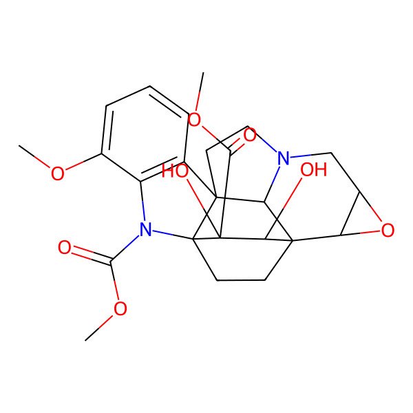 2D Structure of dimethyl (2R,4S,9R,18R,19R,22R)-18,19-dihydroxy-14-methoxy-3-oxa-6,16-diazaheptacyclo[15.2.2.11,6.02,4.09,17.010,15.09,22]docosa-10(15),11,13-triene-16,18-dicarboxylate