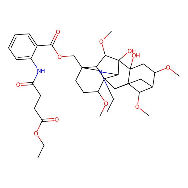 2D Structure of (11-Ethyl-8,9-dihydroxy-4,6,16,18-tetramethoxy-11-azahexacyclo[7.7.2.12,5.01,10.03,8.013,17]nonadecan-13-yl)methyl 2-[(4-ethoxy-4-oxobutanoyl)amino]benzoate