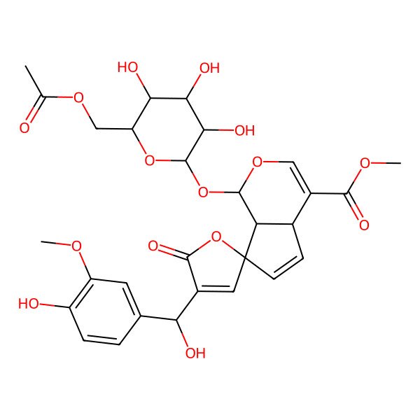 2D Structure of methyl 1-[6-(acetyloxymethyl)-3,4,5-trihydroxyoxan-2-yl]oxy-4'-[hydroxy-(4-hydroxy-3-methoxyphenyl)methyl]-5'-oxospiro[4a,7a-dihydro-1H-cyclopenta[c]pyran-7,2'-furan]-4-carboxylate