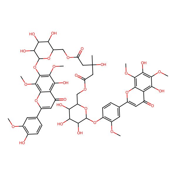 2D Structure of 1-O-[[(2R,3S,4S,5R,6S)-6-[4-(5,7-dihydroxy-6,8-dimethoxy-4-oxochromen-2-yl)-2-methoxyphenoxy]-3,4,5-trihydroxyoxan-2-yl]methyl] 5-O-[[(2R,3S,4S,5R,6S)-3,4,5-trihydroxy-6-[5-hydroxy-2-(4-hydroxy-3-methoxyphenyl)-6,8-dimethoxy-4-oxochromen-7-yl]oxyoxan-2-yl]methyl] (3R)-3-hydroxy-3-methylpentanedioate