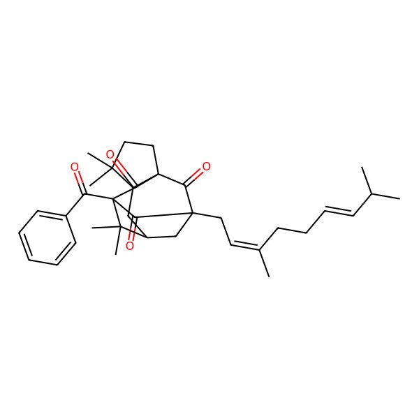 2D Structure of (1R,5R,7R,9R,11S)-9-benzoyl-11-[(6E)-3,8-dimethylnona-2,6-dienyl]-4,4,8,8-tetramethyltetracyclo[7.3.1.17,11.01,5]tetradecane-10,12,13-trione