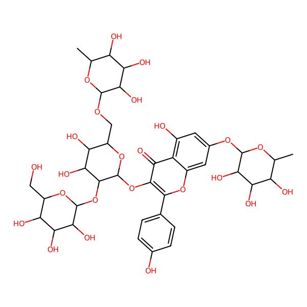 2D Structure of 3-[(2S,3S,4R,5R,6S)-4,5-dihydroxy-3-[(2S,3R,4S,5S,6R)-3,4,5-trihydroxy-6-(hydroxymethyl)oxan-2-yl]oxy-6-[[(2R,3R,4S,5R,6R)-3,4,5-trihydroxy-6-methyloxan-2-yl]oxymethyl]oxan-2-yl]oxy-5-hydroxy-2-(4-hydroxyphenyl)-7-[(2S,3S,4S,5R,6S)-3,4,5-trihydroxy-6-methyloxan-2-yl]oxychromen-4-one