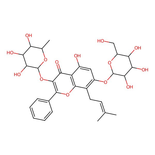 2D Structure of 5-hydroxy-8-(3-methylbut-2-enyl)-2-phenyl-7-[(2S,3R,4S,5S,6R)-3,4,5-trihydroxy-6-(hydroxymethyl)oxan-2-yl]oxy-3-[(2S,3S,4S,5S,6R)-3,4,5-trihydroxy-6-methyloxan-2-yl]oxychromen-4-one