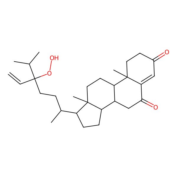 2D Structure of (10R,13R)-17-[(2R)-5-hydroperoxy-5-propan-2-ylhept-6-en-2-yl]-10,13-dimethyl-2,7,8,9,11,12,14,15,16,17-decahydro-1H-cyclopenta[a]phenanthrene-3,6-dione