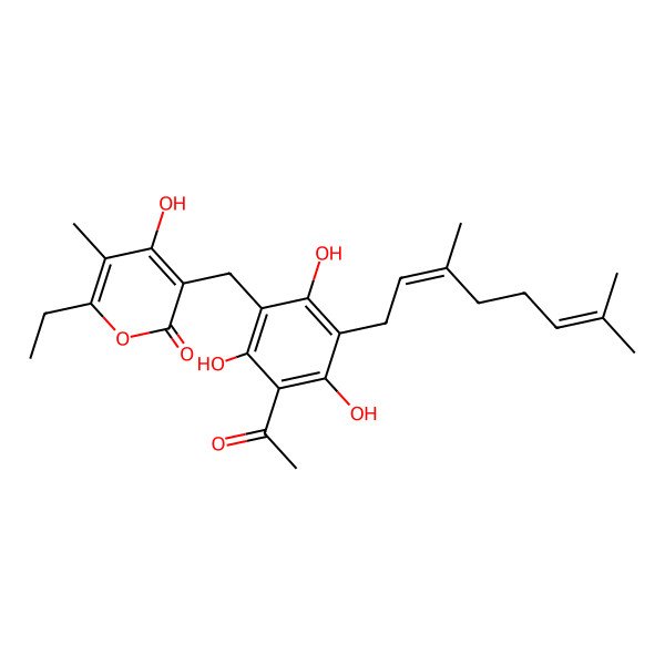 2D Structure of 3-[3-Acetyl-5-(3,7-dimethyl-2,6-octadienyl)-2,4,6-trihydroxybenzyl]-6-ethyl-4-hydroxy-5-methyl-2h-pyran-2-one