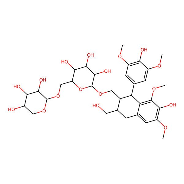 2D Structure of (2R,3R,4S,5S,6R)-2-[[(1S,2R,3R)-7-hydroxy-1-(4-hydroxy-3,5-dimethoxyphenyl)-3-(hydroxymethyl)-6,8-dimethoxy-1,2,3,4-tetrahydronaphthalen-2-yl]methoxy]-6-[[(2S,3R,4S,5R)-3,4,5-trihydroxyoxan-2-yl]oxymethyl]oxane-3,4,5-triol