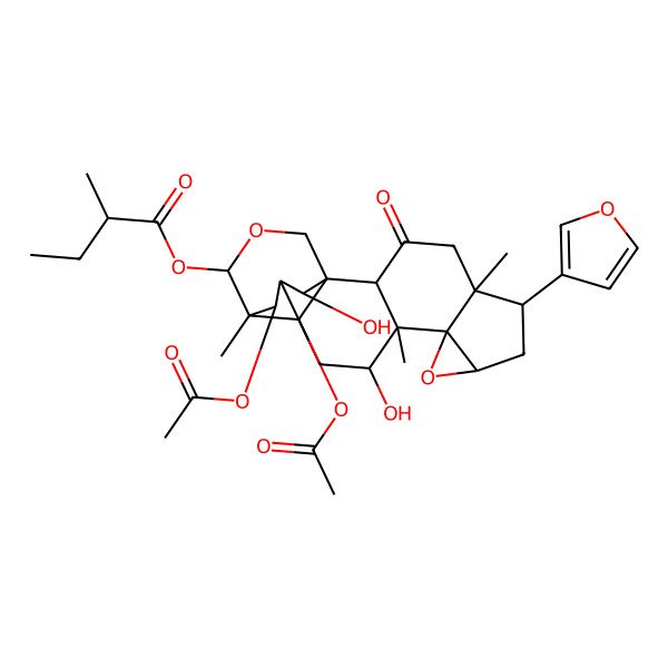 2D Structure of [(1S,2R,5S,6S,8R,10R,11S,12R,14R,15R,16S,19R,20R,21S)-20,21-diacetyloxy-6-(furan-3-yl)-12,19-dihydroxy-5,11,15-trimethyl-3-oxo-9,17-dioxahexacyclo[13.3.3.01,14.02,11.05,10.08,10]henicosan-16-yl] (2R)-2-methylbutanoate