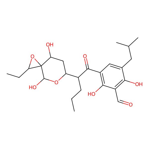 2D Structure of 3-[2-(2-Ethyl-4,8-dihydroxy-1,7-dioxaspiro[2.5]octan-6-yl)pentanoyl]-2,6-dihydroxy-5-(2-methylpropyl)benzaldehyde