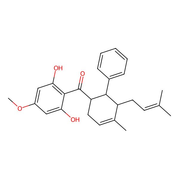 2D Structure of Methanone, (2,6-dihydroxy-4-methoxyphenyl)[(1R,5S,6R)-4-methyl-5-(3-methyl-2-butenyl)-6-phenyl-3-cyclohexen-1-yl]-, rel-