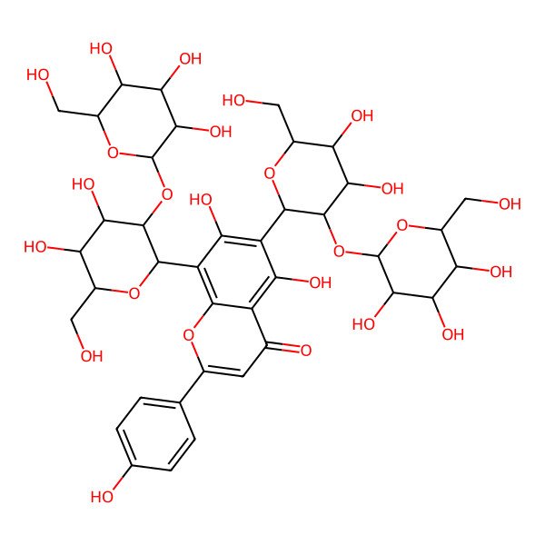 2D Structure of 6,8-bis[(2S,3R,4S,5S,6R)-4,5-dihydroxy-6-(hydroxymethyl)-3-[(2S,3R,4S,5S,6R)-3,4,5-trihydroxy-6-(hydroxymethyl)oxan-2-yl]oxyoxan-2-yl]-5,7-dihydroxy-2-(4-hydroxyphenyl)chromen-4-one