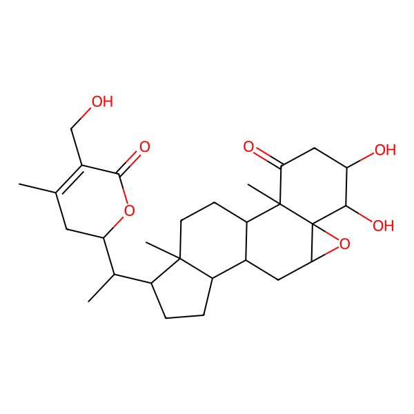 2D Structure of (1S,2R,5S,6S,7R,9R,11S,12S,15R,16S)-5,6-dihydroxy-15-[(1S)-1-[(2S)-5-(hydroxymethyl)-4-methyl-6-oxo-2,3-dihydropyran-2-yl]ethyl]-2,16-dimethyl-8-oxapentacyclo[9.7.0.02,7.07,9.012,16]octadecan-3-one