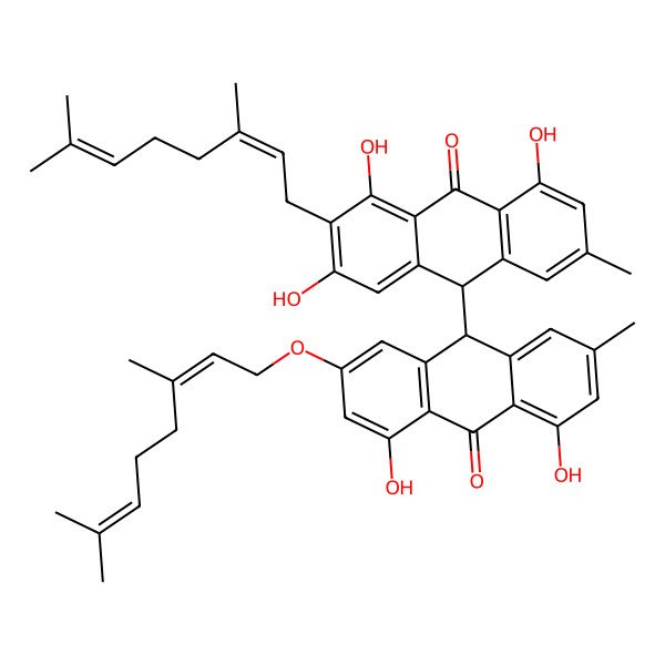 2D Structure of (10R)-10-[(9S)-2-[(2E)-3,7-dimethylocta-2,6-dienoxy]-4,5-dihydroxy-7-methyl-10-oxo-9H-anthracen-9-yl]-2-[(2E)-3,7-dimethylocta-2,6-dienyl]-1,3,8-trihydroxy-6-methyl-10H-anthracen-9-one