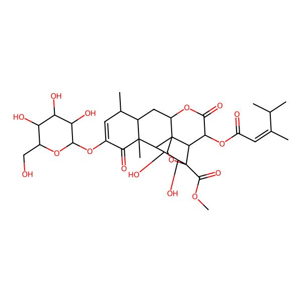 2D Structure of Methyl 3-(3,4-dimethylpent-2-enoyloxy)-15,16-dihydroxy-9,13-dimethyl-4,12-dioxo-11-[3,4,5-trihydroxy-6-(hydroxymethyl)oxan-2-yl]oxy-5,18-dioxapentacyclo[12.5.0.01,6.02,17.08,13]nonadec-10-ene-17-carboxylate