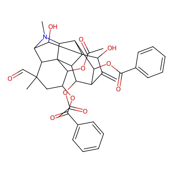 2D Structure of [(1R,2S,3S,4S,5S,7R,8S,9R,11R,12S,13R,14R,16S,17R,18S)-4,18-diacetyloxy-13-benzoyloxy-7-formyl-16,17-dihydroxy-7,10-dimethyl-15-methylidene-10-azahexacyclo[7.7.1.12,14.01,12.03,8.03,11]octadecan-5-yl] benzoate