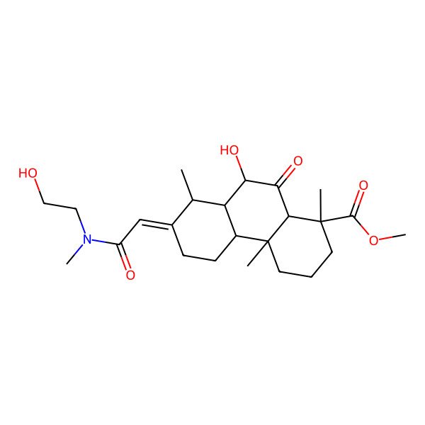 2D Structure of methyl (1S,4aR,4bS,7E,8R,8aS,9R,10aR)-9-hydroxy-7-[2-[2-hydroxyethyl(methyl)amino]-2-oxoethylidene]-1,4a,8-trimethyl-10-oxo-2,3,4,4b,5,6,8,8a,9,10a-decahydrophenanthrene-1-carboxylate