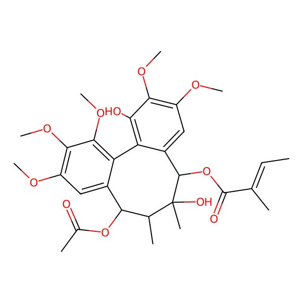 2D Structure of (11-Acetyloxy-3,9-dihydroxy-4,5,14,15,16-pentamethoxy-9,10-dimethyl-8-tricyclo[10.4.0.02,7]hexadeca-1(16),2,4,6,12,14-hexaenyl) 2-methylbut-2-enoate