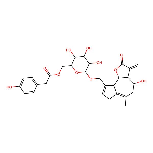 2D Structure of [(2R,3S,4S,5R,6R)-6-[[(3aR,4S,9aR,9bR)-4-hydroxy-6-methyl-3-methylidene-2-oxo-3a,4,5,7,9a,9b-hexahydroazuleno[8,7-b]furan-9-yl]methoxy]-3,4,5-trihydroxyoxan-2-yl]methyl 2-(4-hydroxyphenyl)acetate