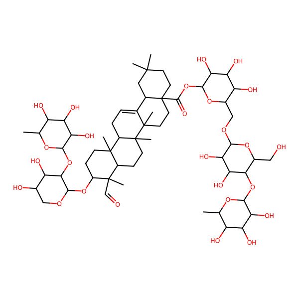2D Structure of [(2S,3R,4S,5S,6R)-6-[[(2R,3R,4R,5S,6R)-3,4-dihydroxy-6-(hydroxymethyl)-5-[(2S,3R,4R,5R,6S)-3,4,5-trihydroxy-6-methyloxan-2-yl]oxyoxan-2-yl]oxymethyl]-3,4,5-trihydroxyoxan-2-yl] (4aS,6aR,6aS,6bR,8aR,9S,10S,12aR,14bS)-10-[(2S,3R,4S,5S)-4,5-dihydroxy-3-[(2S,3R,4R,5R,6S)-3,4,5-trihydroxy-6-methyloxan-2-yl]oxyoxan-2-yl]oxy-9-formyl-2,2,6a,6b,9,12a-hexamethyl-1,3,4,5,6,6a,7,8,8a,10,11,12,13,14b-tetradecahydropicene-4a-carboxylate