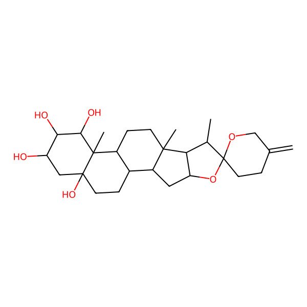 2D Structure of 7,9,13-Trimethyl-5'-methylidenespiro[5-oxapentacyclo[10.8.0.02,9.04,8.013,18]icosane-6,2'-oxane]-14,15,16,18-tetrol