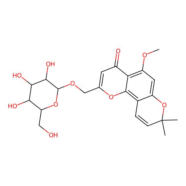 2D Structure of 5-methoxy-8,8-dimethyl-2-[[(2R,3R,4S,5S,6R)-3,4,5-trihydroxy-6-(hydroxymethyl)oxan-2-yl]oxymethyl]pyrano[2,3-h]chromen-4-one
