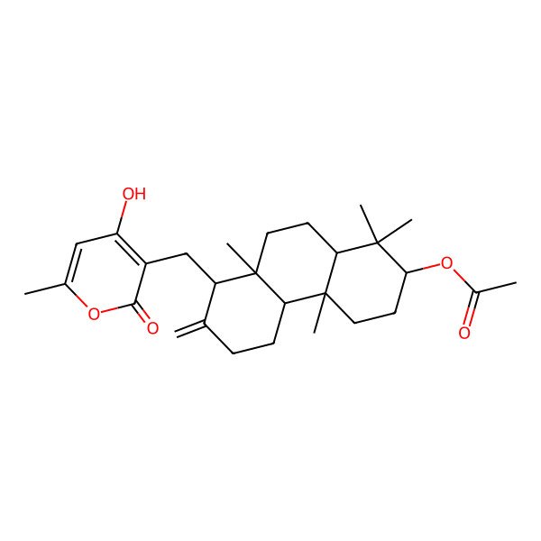 2D Structure of [(2R,4aS,4bR,8S,8aR,10aS)-8-[(4-hydroxy-6-methyl-2-oxopyran-3-yl)methyl]-1,1,4a,8a-tetramethyl-7-methylidene-2,3,4,4b,5,6,8,9,10,10a-decahydrophenanthren-2-yl] acetate