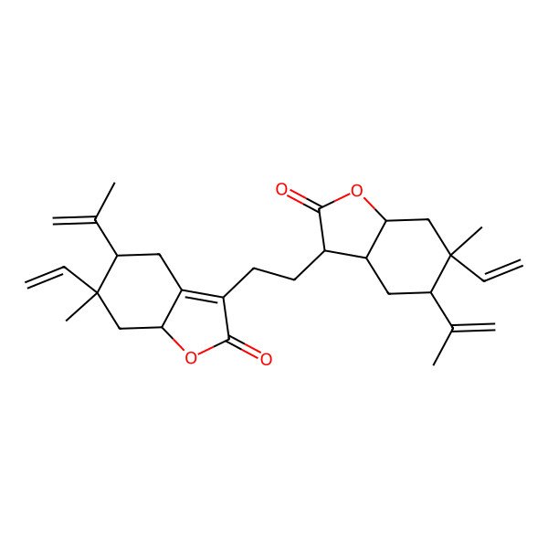 2D Structure of 6-Ethenyl-3-[2-(6-ethenyl-6-methyl-2-oxo-5-prop-1-en-2-yl-3,3a,4,5,7,7a-hexahydro-1-benzofuran-3-yl)ethyl]-6-methyl-5-prop-1-en-2-yl-4,5,7,7a-tetrahydro-1-benzofuran-2-one