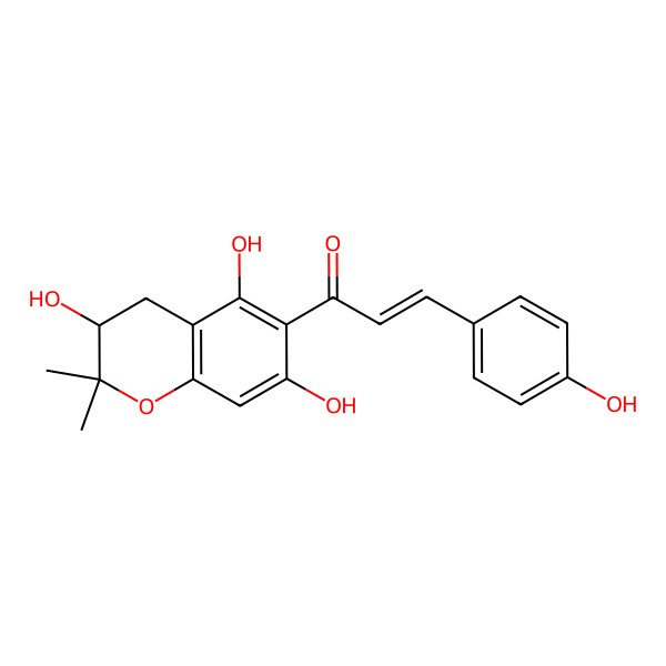 2D Structure of (E)-3-(4-hydroxyphenyl)-1-[(3R)-3,5,7-trihydroxy-2,2-dimethyl-3,4-dihydrochromen-6-yl]prop-2-en-1-one