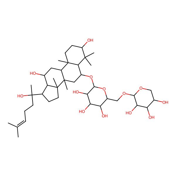 2D Structure of (2R,3R,4S,5S,6R)-2-[[(3S,5R,6S,8R,9R,10R,12R,13R,14R,17S)-3,12-dihydroxy-17-[(2S)-2-hydroxy-6-methylhept-5-en-2-yl]-4,4,8,10,14-pentamethyl-2,3,5,6,7,9,11,12,13,15,16,17-dodecahydro-1H-cyclopenta[a]phenanthren-6-yl]oxy]-6-[[(2S,3R,4S,5S)-3,4,5-trihydroxyoxan-2-yl]oxymethyl]oxane-3,4,5-triol