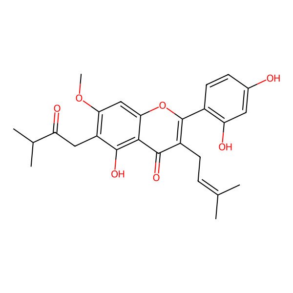 2D Structure of 2-(2,4-Dihydroxyphenyl)-5-hydroxy-7-methoxy-3-(3-methylbut-2-enyl)-6-(3-methyl-2-oxobutyl)chromen-4-one
