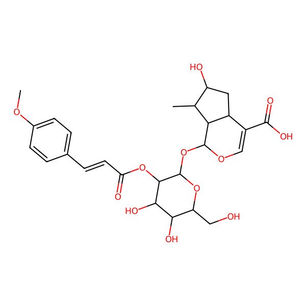 2D Structure of (1S,4aS,6S,7R,7aS)-1-[(2S,3R,4S,5S,6R)-4,5-dihydroxy-6-(hydroxymethyl)-3-[(E)-3-(4-methoxyphenyl)prop-2-enoyl]oxyoxan-2-yl]oxy-6-hydroxy-7-methyl-1,4a,5,6,7,7a-hexahydrocyclopenta[c]pyran-4-carboxylic acid