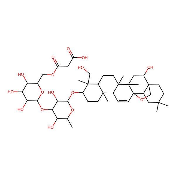 2D Structure of 3-[[(2R,3S,4S,5R,6S)-6-[(2R,3R,4S,5S,6R)-3,5-dihydroxy-2-[[(1S,2S,4S,5R,8R,9R,10S,13S,14R,17S,18R)-2-hydroxy-9-(hydroxymethyl)-4,5,9,13,20,20-hexamethyl-24-oxahexacyclo[15.5.2.01,18.04,17.05,14.08,13]tetracos-15-en-10-yl]oxy]-6-methyloxan-4-yl]oxy-3,4,5-trihydroxyoxan-2-yl]methoxy]-3-oxopropanoic acid