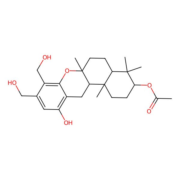 2D Structure of [(3S,4aR,6aS,12aR,12bS)-11-hydroxy-8,9-bis(hydroxymethyl)-4,4,6a,12b-tetramethyl-1,2,3,4a,5,6,12,12a-octahydrobenzo[a]xanthen-3-yl] acetate