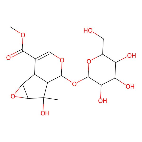 2D Structure of methyl (1S,2R,4R,5S,6S,7R)-5-hydroxy-5-methyl-7-[(2S,3R,4S,5S,6R)-3,4,5-trihydroxy-6-(hydroxymethyl)oxan-2-yl]oxy-3,8-dioxatricyclo[4.4.0.02,4]dec-9-ene-10-carboxylate