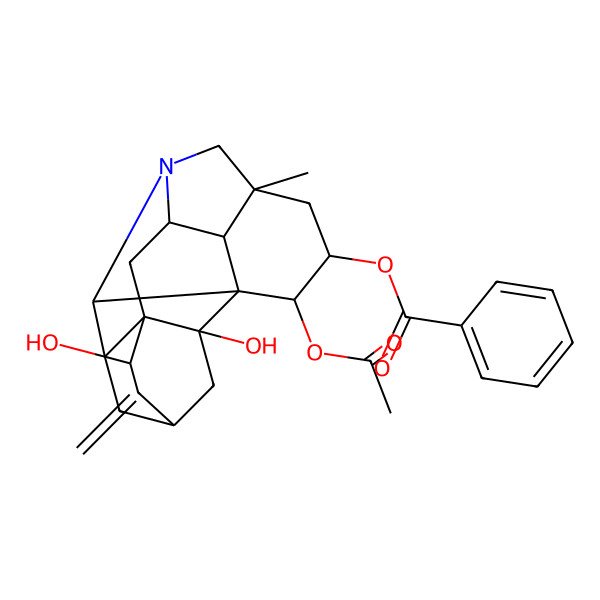 2D Structure of [(1R,2S,3S,5R,8R,9S,11S,13R,14S,16S,17R,18S)-2-acetyloxy-13,18-dihydroxy-5-methyl-12-methylidene-7-azaheptacyclo[9.6.2.01,8.05,17.07,16.09,14.014,18]nonadecan-3-yl] benzoate