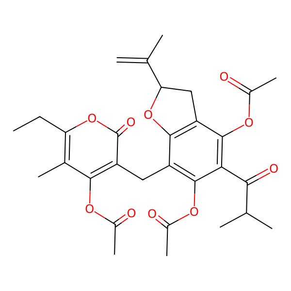 2D Structure of [5-[[(2R)-4,6-diacetyloxy-5-(2-methylpropanoyl)-2-prop-1-en-2-yl-2,3-dihydro-1-benzofuran-7-yl]methyl]-2-ethyl-3-methyl-6-oxopyran-4-yl] acetate