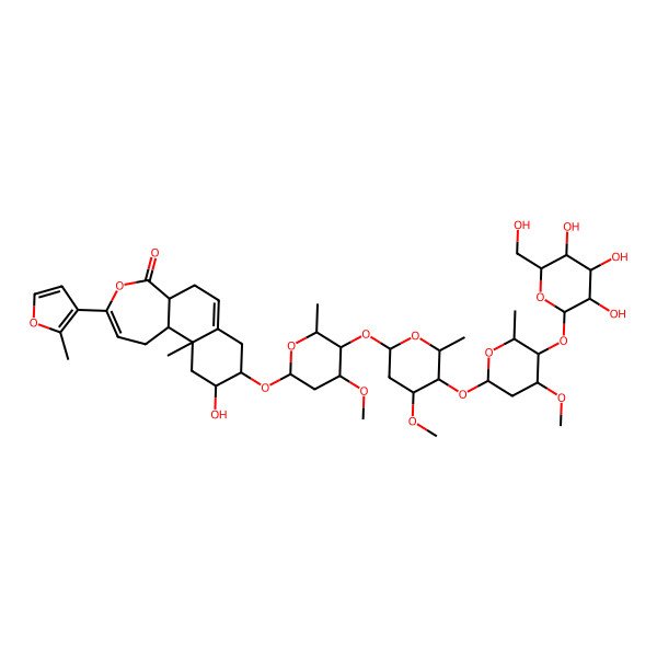 2D Structure of 10-Hydroxy-9-[4-methoxy-5-[4-methoxy-5-[4-methoxy-6-methyl-5-[3,4,5-trihydroxy-6-(hydroxymethyl)oxan-2-yl]oxyoxan-2-yl]oxy-6-methyloxan-2-yl]oxy-6-methyloxan-2-yl]oxy-11a-methyl-3-(2-methylfuran-3-yl)-1,5a,6,8,9,10,11,11b-octahydrobenzo[g][2]benzoxepin-5-one