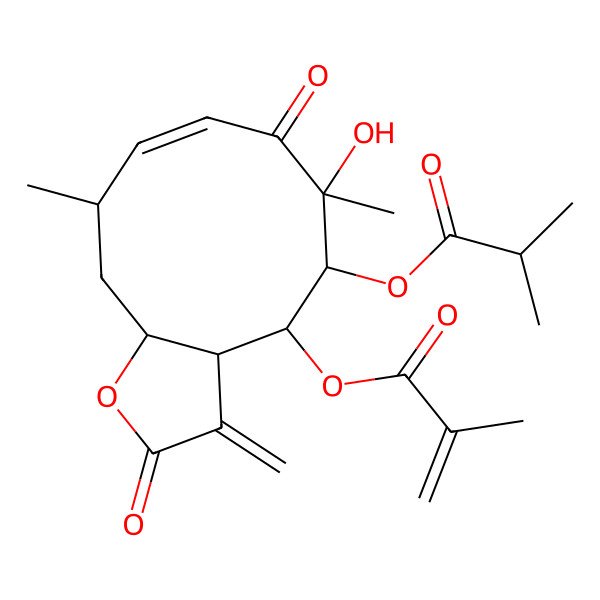 2D Structure of [(3aR,4S,5R,6R,8Z,10R,11aR)-6-hydroxy-6,10-dimethyl-3-methylidene-4-(2-methylprop-2-enoyloxy)-2,7-dioxo-3a,4,5,10,11,11a-hexahydrocyclodeca[b]furan-5-yl] 2-methylpropanoate