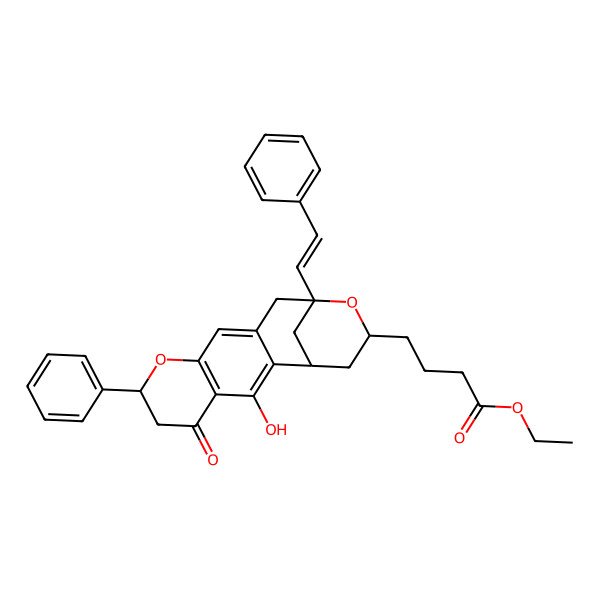 2D Structure of ethyl 4-[(1S,7R,13R,15R)-3-hydroxy-5-oxo-7-phenyl-13-[(E)-2-phenylethenyl]-8,14-dioxatetracyclo[11.3.1.02,11.04,9]heptadeca-2,4(9),10-trien-15-yl]butanoate