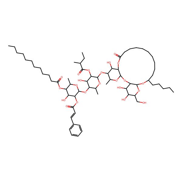 2D Structure of [(2S,3R,4R,5R,6S)-4-hydroxy-6-[(2S,3R,4R,5R,6S)-4-hydroxy-2-methyl-5-[(2S)-2-methylbutanoyl]oxy-6-[[(1R,3S,5S,6R,7R,8R,20S,22R,24R,25S,26S)-7,25,26-trihydroxy-24-(hydroxymethyl)-5-methyl-10-oxo-20-pentyl-2,4,9,21,23-pentaoxatricyclo[20.4.0.03,8]hexacosan-6-yl]oxy]oxan-3-yl]oxy-2-methyl-5-[(E)-3-phenylprop-2-enoyl]oxyoxan-3-yl] dodecanoate